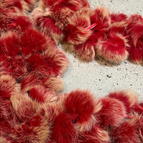 POM POM DYED RABBIT FUR SCARF NECK WARMER RED TAN - Picture 10 of 12